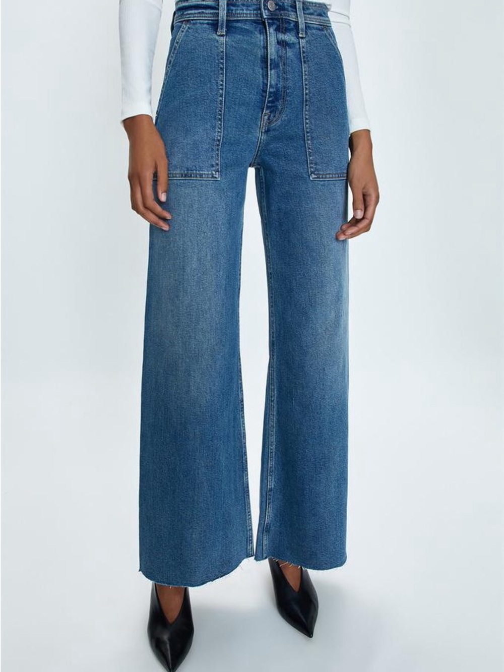 Evereve Pistola Penny Wide-Leg High-Rise Raw Hem‎ Patch Pocket Jeans in Canal